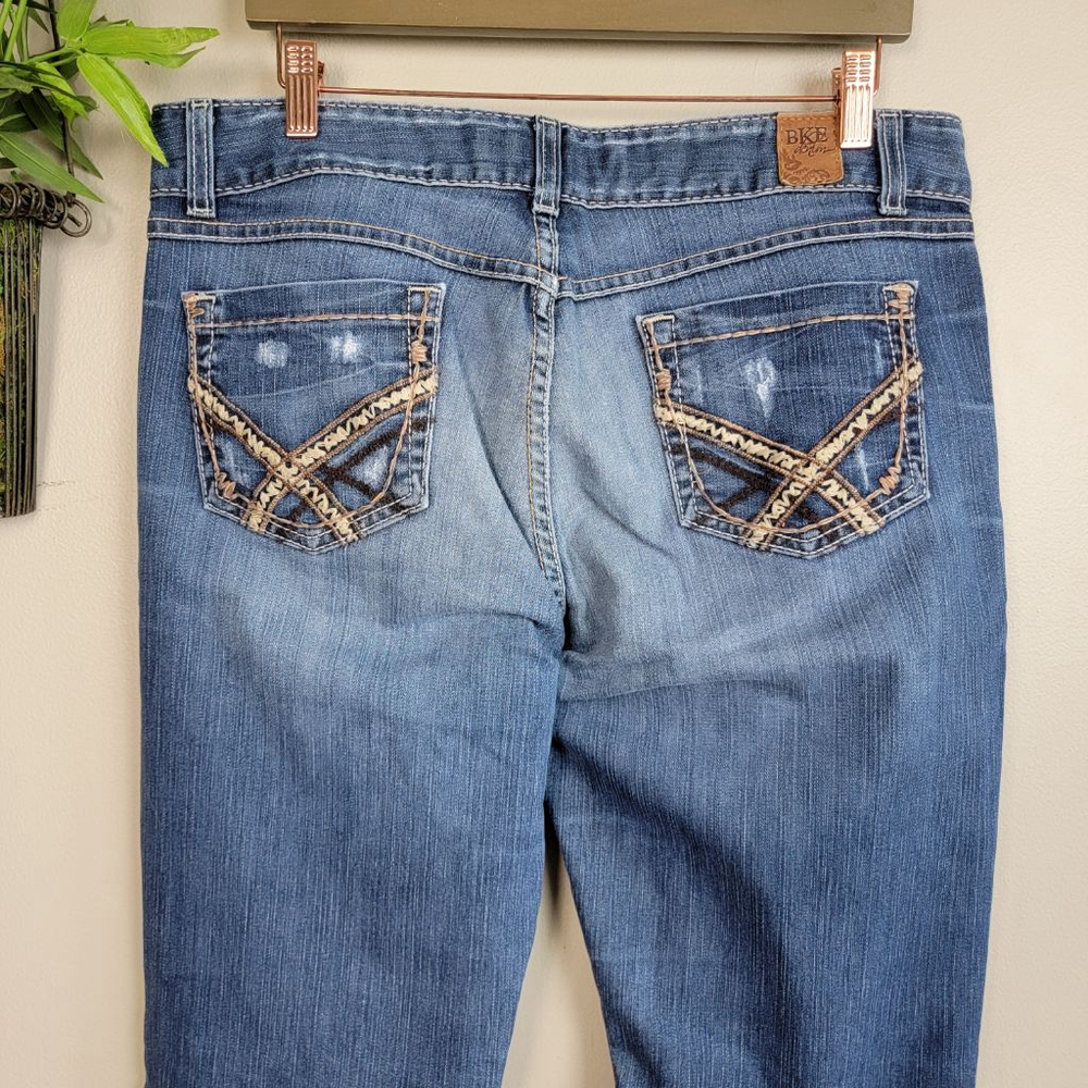 BKE 34 Culture Bootcut Boot Cut Medium Wash Mid Rise Stretch Jeans Distressed - Picture 8 of 15